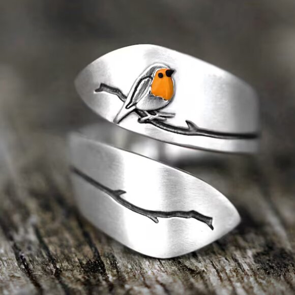 Brand New For Spring Robin Bird Nature Lover Theme Silver Dipped Cuff Ring - Picture 2 of 6